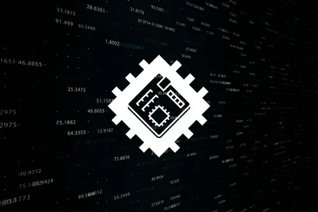 An abstract digital background featuring a prominent white microchip icon at the center. The backdrop is filled with numerical data and patterns, suggesting a theme of technology and computing.