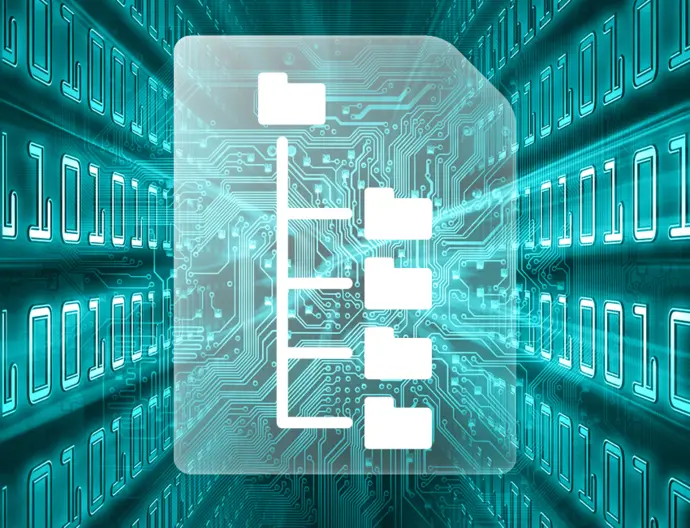 A digital flowchart symbol with interconnected nodes is overlaid on a background of binary code and circuit patterns. The image represents concepts of data organization, processing, and digital technology.