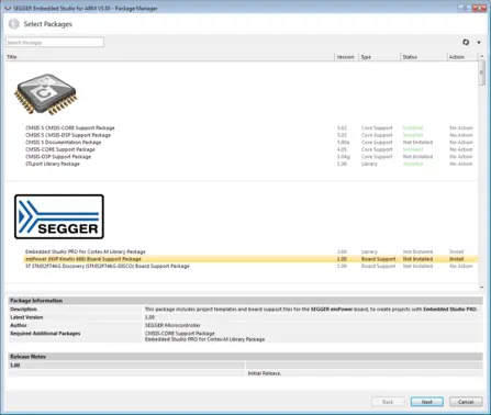 The image displays the SEGGER Embedded Studio Package Manager interface, highlighting various support packages. Key components include installed and not installed packages for CMSIS, as well as information for the Embedded Studio PRO for Cortex-M Library Package and emPower board support. A "Next" button is visible at the bottom.