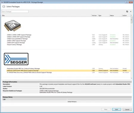 The image displays the SEGGER Embedded Studio Package Manager interface, highlighting various support packages. Key components include installed and not installed packages for CMSIS, as well as information for the Embedded Studio PRO for Cortex-M Library Package and emPower board support. A "Next" button is visible at the bottom.