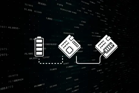 The image features a simple graphic showing a battery, a microchip, and a SIM card, connected by dashed lines. The background is dark with abstract numerical patterns, suggesting a technological theme focused on connectivity and power.