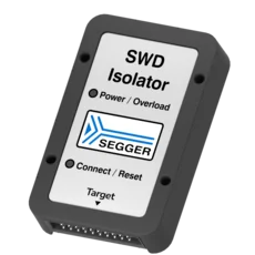 A black and gray electronic device labeled "SWD Isolator," featuring buttons for "Power/Overload" and "Connect/Reset." The device has a SEGGER logo and a connector with multiple pins on one side, used for interfacing with electronic systems.
