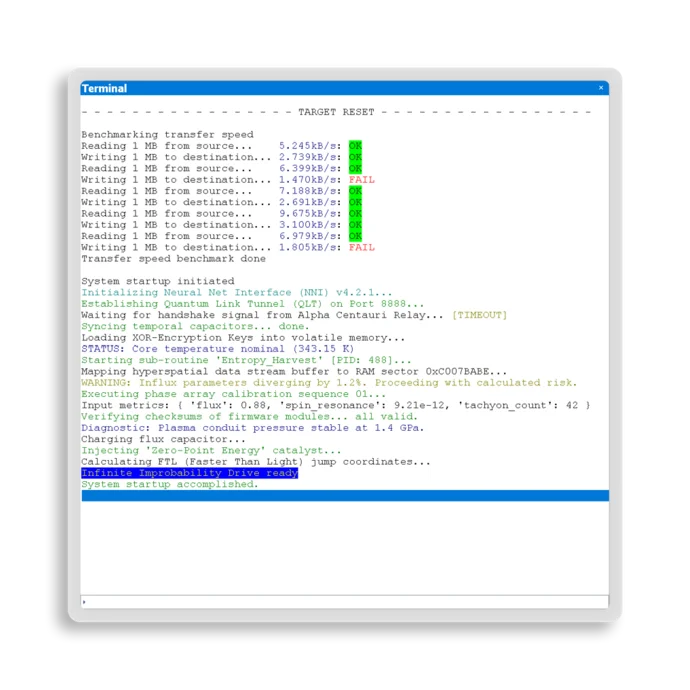 A terminal interface displays a series of benchmark tests and a system startup process. It reports reading and writing transfer speeds, initialization of components, and warnings about parameter divergences. The final message indicates that the "Infinite Improbability Drive" is ready, with the system startup completed.