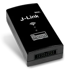 A black rectangular Wi-Fi device labeled "J-Link" on the top. It features indicator lights on the front and a connection port. The device is designed for wireless connection to other devices.