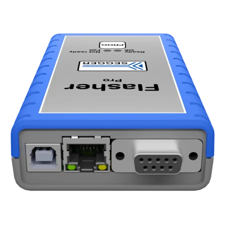 Image shows the back view of a Seagate Flasher Pro device, featuring various ports: a USB port, an Ethernet port with indicator lights, and a serial connector. The device has a grey body with a blue rubber edge, labeled with the brand name prominently displayed.