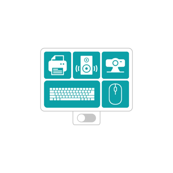 An illustration shows a computer monitor divided into six sections, featuring icons representing a printer, speakers, a webcam, a keyboard, and a computer mouse. The design uses simple shapes and contrasting colors for clarity.