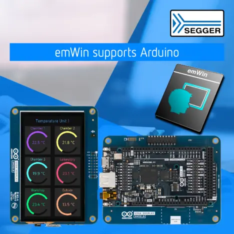 emWin supports Arduino PR graphic: Arduino GIGA R1 board, demo shown on board, emWin product icon