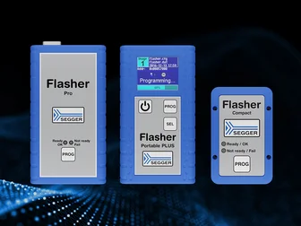 Three SEGGER flasher devices are displayed on a dark, textured background. From left to right: Flasher Pro with a plain interface, Flasher Portable PLUS featuring a color screen displaying programming progress, and Flasher Compact with basic status indicators. All devices are blue and labeled clearly.
