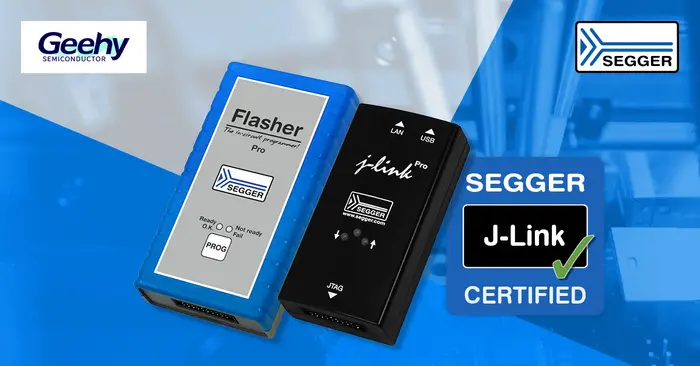 The image features two electronic programming devices, the "Flasher Pro" in a blue casing and the "J-Link Pro" in black. Both are branded with the SEGGER logo and indicate programming status. A certification badge confirms J-Link as certified by SEGGER.