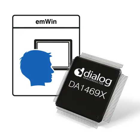 The image features a DA1469X semiconductor chip from Dialog Semiconductor, alongside a graphic symbolizing human interaction with technology. The design emphasizes the integration of the chip with user interfaces, suggesting its application in interactive electronics or smart devices.