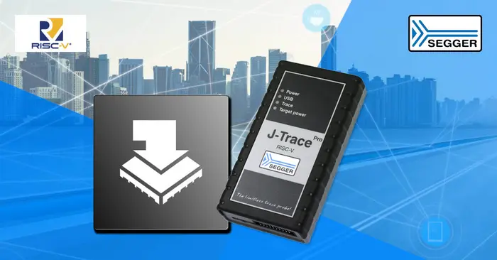 An image featuring the J-Trace Pro device for RISC-V development, showing its label with key features: Power, USB, Trace, and Target Power. The background includes city skyline graphics with a blue and white color scheme, highlighting the technology's modern appeal.