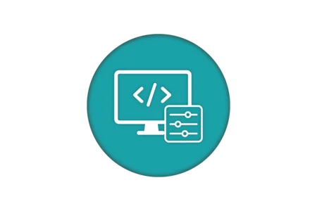 Icon depicting a computer screen with code symbols (< >) and a control panel with sliders, set against a teal circular background. Represents programming or web development concepts.