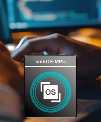 A close-up of a hand working on a keyboard is shown alongside the embOS-MPU logo. The logo features a circular design with the letters "OS" inside it, indicating a focus on operating system software for microcontrollers.