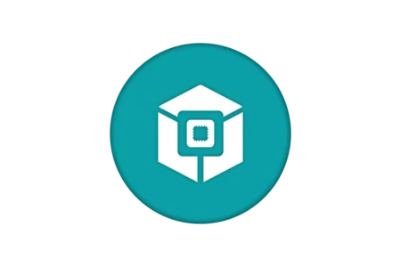 A circular teal icon featuring a white stylized box with a smaller square in its center, representing packaging or storage. The design is simple and modern, emphasizing the box's shape. The background is a transparent grid.