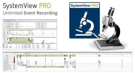 An illustration promoting SystemView PRO, featuring a microscope icon and emphasizing "Unlimited Event Recording." The image includes a graphical interface with data charts and event timelines, highlighting the software's capabilities in recording and analyzing data events.