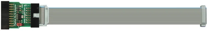 An image of a flat ribbon cable with a connector at one end featuring multiple pins. The cable is gray with thin ridges, extending horizontally across the image. The connector includes a small red switch and has a green circuit board attached.