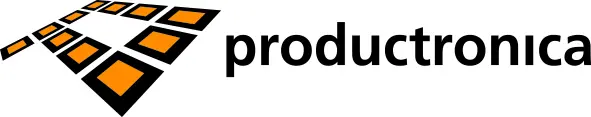 The image features the word "productronica" in bold, modern typography. There is a graphic design of a grid with squares in varying shades of orange and black, creating a dynamic and technological appearance, suggesting a focus on electronics and innovation.