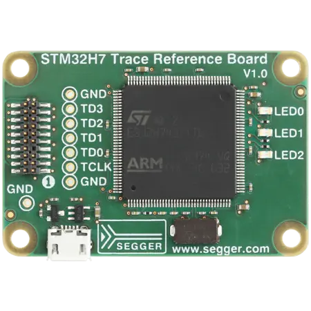 A green printed circuit board labeled "STM32H7 Trace Reference Board V1.0." It features a central microcontroller, several pins labeled GND, TD0 to TD3, TCLK, and three LEDs labeled LED0, LED1, and LED2, along with a USB connector.