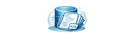 An illustration featuring a blue database cylinder with stacks of documents and code snippets beside it, symbolizing data management and programming. The design emphasizes organization and technology.