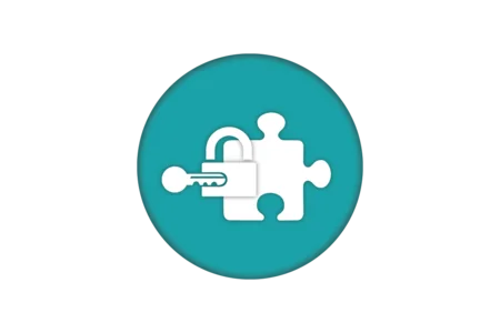 A circular icon with a teal background featuring a white puzzle piece and a padlock with a key, symbolizing security and integration.