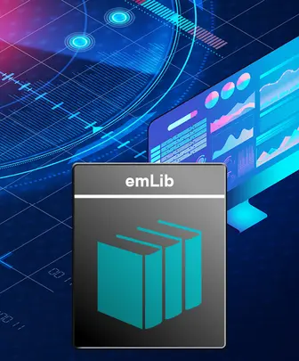 An abstract digital background features graphs and data visualizations on a screen. In the foreground, the emLib logo displays three stylized books, symbolizing a digital library or educational resource.